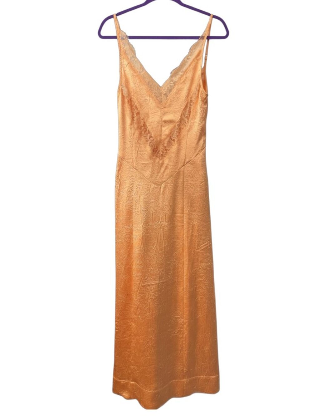 NWOT Free People Maybe Forever Maxi Dress Peach Crinkle Satin Lace V Neck Size 0 - Picture 3 of 5